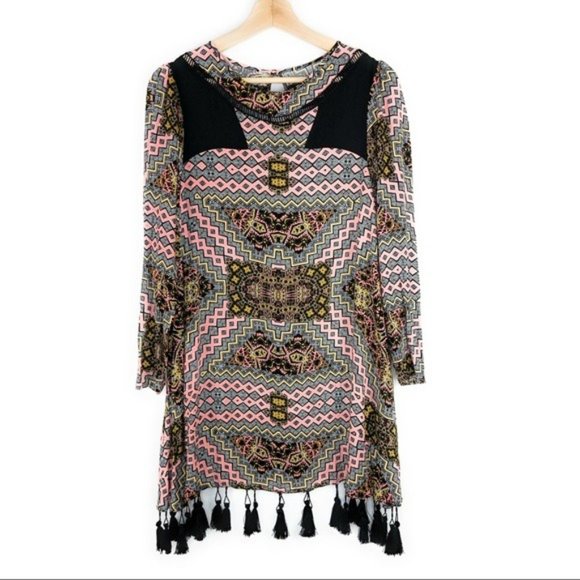 MinkPink Long Sleeve Tassel Trim Graphic Dress - Picture 2 of 6